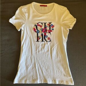 Carolina Herrera White Tee with Floral Embroidery